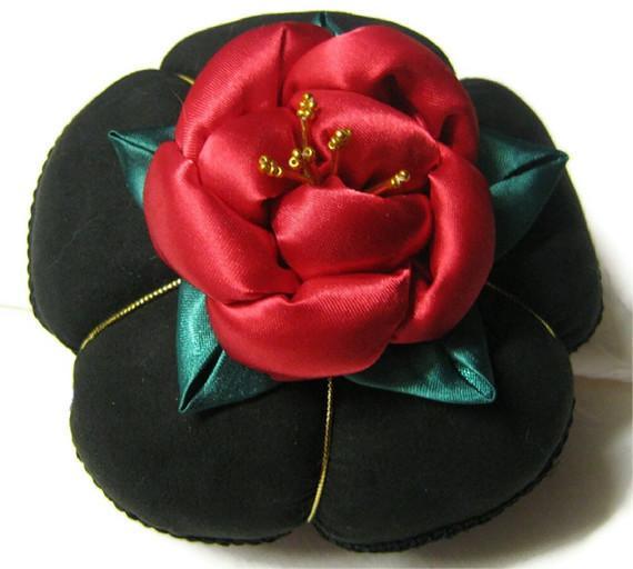 Satin Pincushion with Red Rose