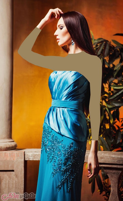 مدل لباس شب بلند آبی دکلته