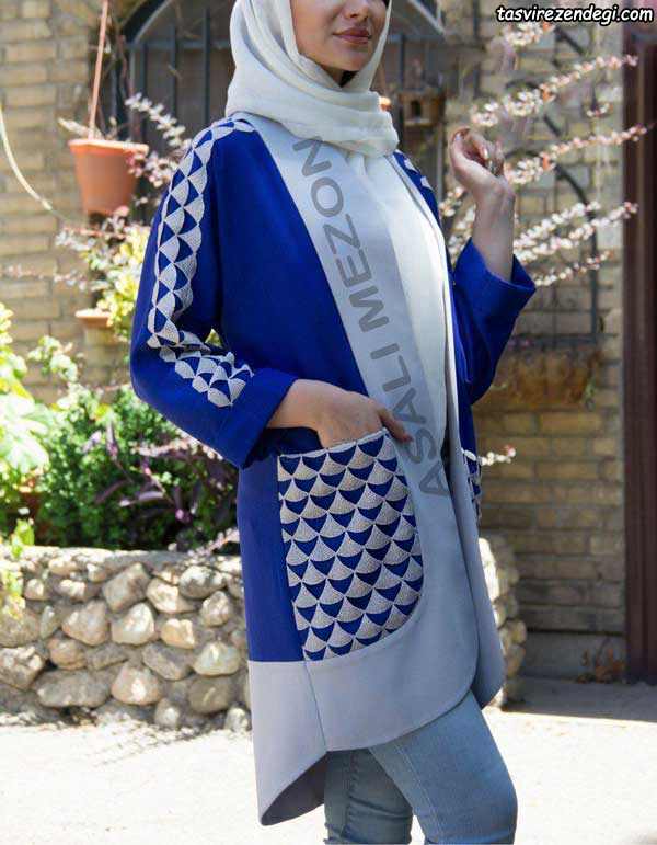 مدل مانتو مجلسی کوتاه آبی سفید