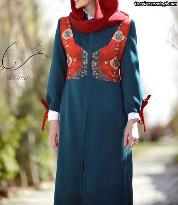 مدل مانتو سنتی پاییزه آبی رنگ