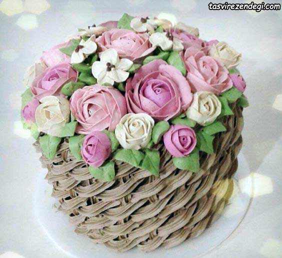 تریین کیک با ماسوره شکل سبد گل