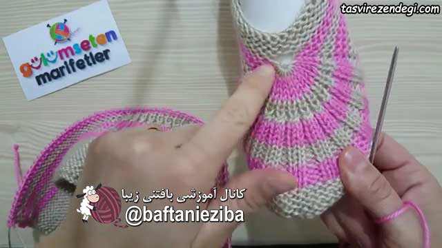 آموزش بافت پاپوش میل بافی دو رنگ