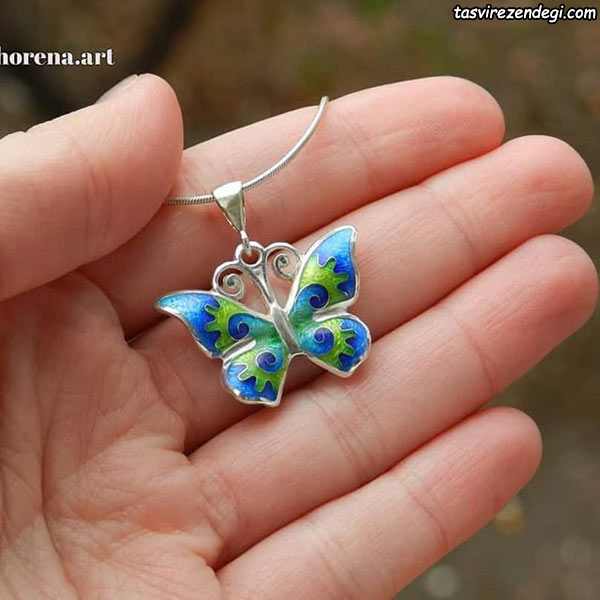مدل گردنبند نقره مینا نقاشی پروانه