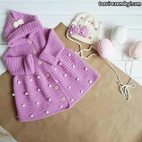 پالتو بافتنی دخترانه صورتی قلاب بافی 